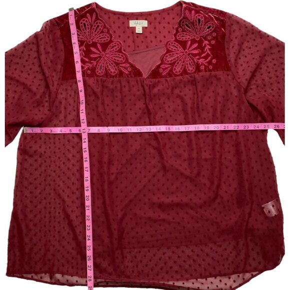 Style & Co Blouse Top Women's 3X Plus Red Eyelet-Yoke Swiss-Dot Textured Overlay - Picture 4 of 12